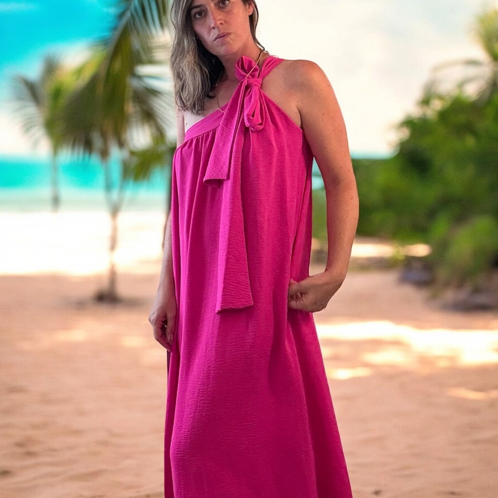JODIFL One-Shoulder Maxi Dress in Hot Pink with Shoulder Tie